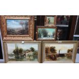 A group of four early 20th century oil landscapes, including a view of a mill, a canal,