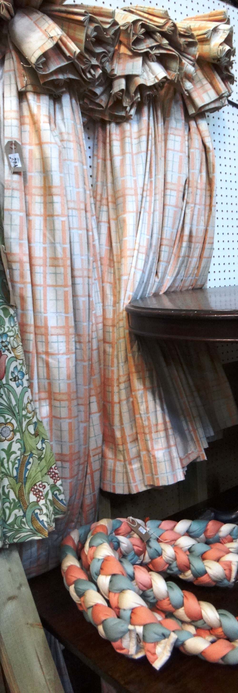 Three pairs of checked curtains with pleated tie backs; one pair 117cm wide x 146cm long;