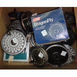 A quantity of 20th century fly fishing reels, including Leeda, Daiwa and sundry.