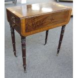 An early 19th century satinwood banded mahogany drop flap work table,