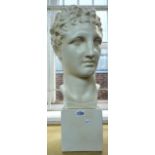 A modern white glaze pottery bust depicting a Romanesque male, 59cm high,