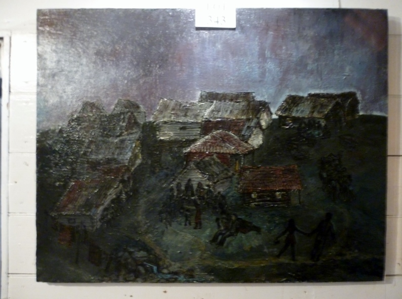 Russian oil on canvas village scene sign