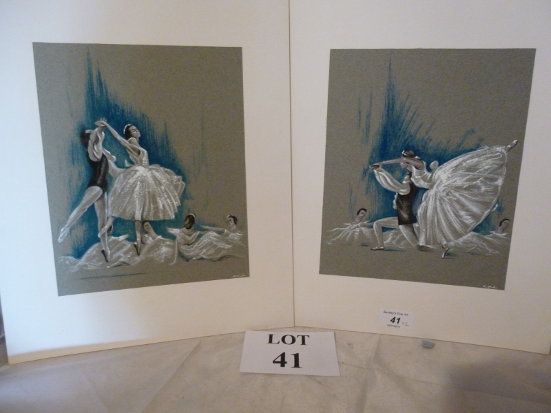 A pair of pastel pictures depicting ball