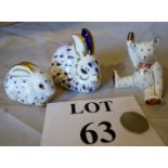 A Royal Crown Derby Teddy and two rabbit