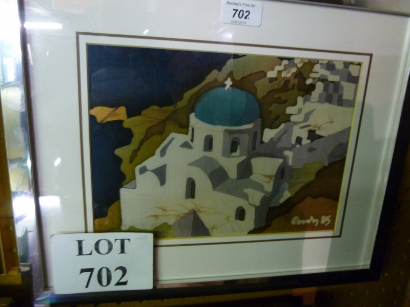 A framed and glazed 20c silk print depic