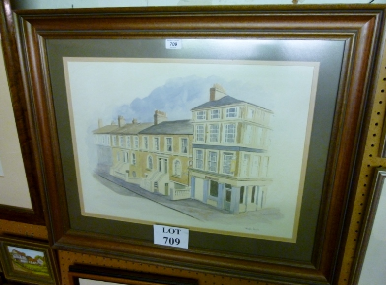 A framed and glazed watercolour street s