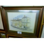 A framed and glazed watercolour street s