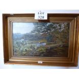 A framed English oil of a stream and bri