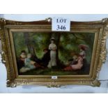 A framed oil on canvas family resting by