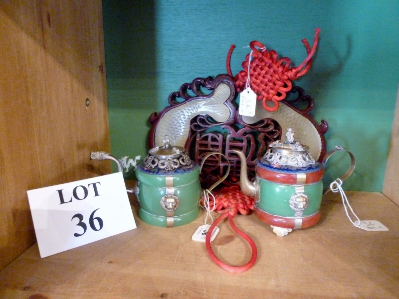 Two Chinese teapots and a Chinese decora