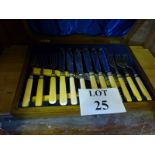 A set of six fish knives and forks and servers in fitted oak case est;