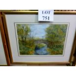 A framed and glazed watercolour study of a bridge over a river with Moor Hens beneath signed T W