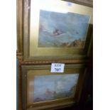 A framed and glazed pair of hand coloured prints portraying ships in rough sea marked 'Coloured by