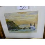 A framed and glazed watercolour coastal scene with sailing boat mono H A P lower left and dated