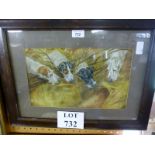 A framed and glazed watercolour depicting four dogs waiting by a rabbits den est: £30-£50