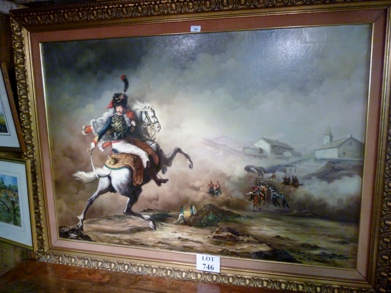 A large framed oil on canvas depicting a General on horseback riding into a battle signed Liua