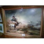 A large framed oil on canvas depicting a General on horseback riding into a battle signed Liua