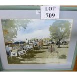 A framed and glazed watercolour study of a group of artists painting outside signed Leslie Marsh