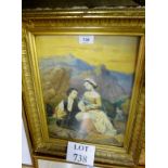 A gilt framed and glazed watercolour depicting a courting couple resting in a rocky landscape est: