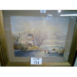 A framed and glazed watercolour depicting a house by the water with children playing on the pond