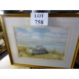 A framed and glazed pastel study of a boat moored on a grassy bank by the water's edge 'The Old