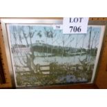 A framed and glazed woodblock print depicting a country landscape scene 'Chancton Ring,