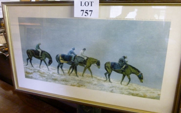 A framed and glazed print depicting four polo players on horseback caught up in the snow bears