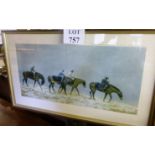 A framed and glazed print depicting four polo players on horseback caught up in the snow bears