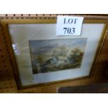 A framed and glazed watercolour study of a country thatched cottage and with figures to foreground