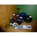 Glassware to include a green fishing-net ball with shamrock decoration; blue glass bowls; glasses;