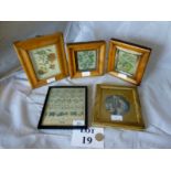 A small framed alphabet sampler dated 1834;