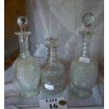 A pair of 19th century cut glass decanters and a mallet shaped decanter (stoppers associated) est: