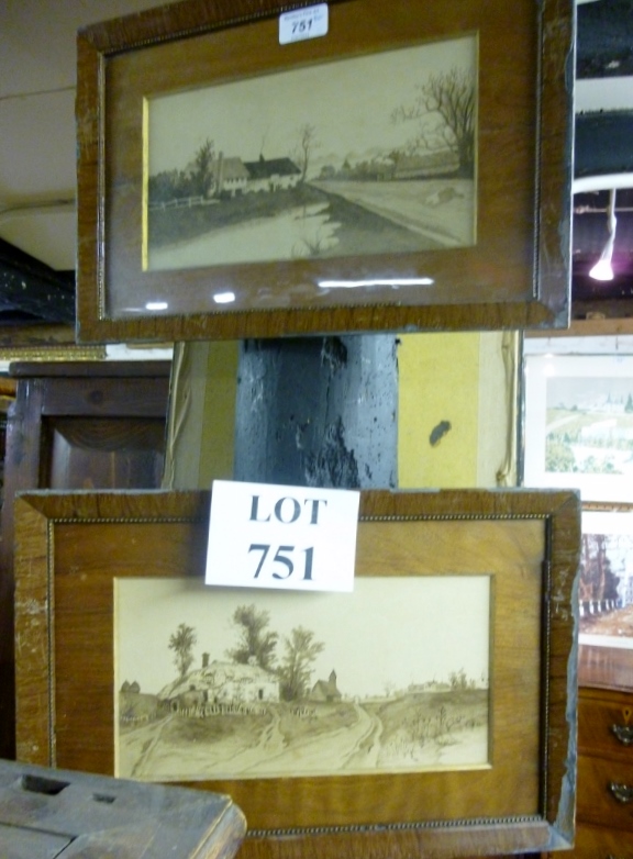 A pair of framed mixed media country landscape scenes with cottages and farmland est: £30-£50