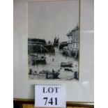 A small framed and glazed pen and ink harbour/bay scene with figures and boats signed Morley