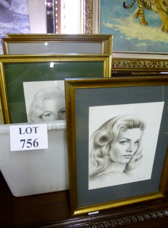 A box of fourteen drawings of famous actors/actresses to include, Lauren Bacall, Bing Crosby,