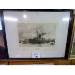 A framed and glazed Charles W Wylie print depicting 'I J Battleship Katori Leaving the Works of the