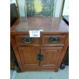 A 19c Chinese red lacquered side cabinet with two small drawers over cupboards (SC17) est: £60-£80