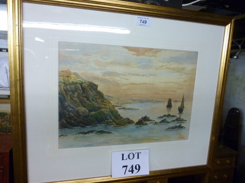 A framed and glazed watercolour coastal scene with sailing boat mono H A P lower left and dated