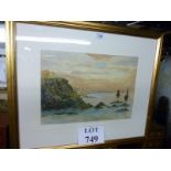 A framed and glazed watercolour coastal scene with sailing boat mono H A P lower left and dated