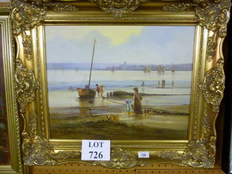 A gilt framed oil on canvas beach scene with figures and boats signed Dyer lower right est: