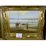 A gilt framed oil on canvas beach scene with figures and boats signed Dyer lower right est: