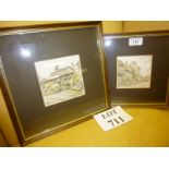 A pair of small framed and glazed watercolours depicting cottages in Amberley both signed Greg