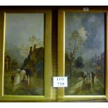 A pair of framed oil on canvas street scenes with figures on horseback one bears mono E.A.