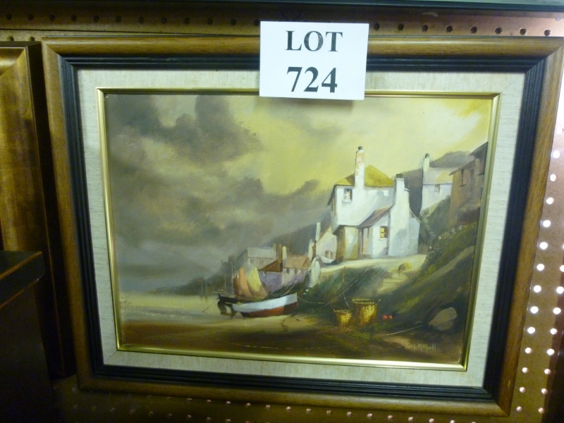 A framed 20c oil on canvas study of seaside continental houses and fishing boats signed Jack R