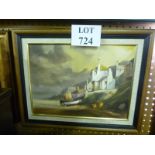 A framed 20c oil on canvas study of seaside continental houses and fishing boats signed Jack R