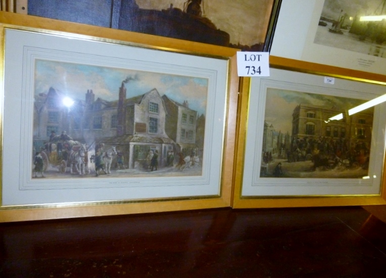 A pair of framed and glazed coloured prints 'The Hand & Shears, Smithfield' and 'Elephant & Castle,