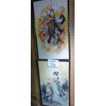 Two framed and glazed oriental paintings on silk depicting a warrior and a Geisha girl with a tiger