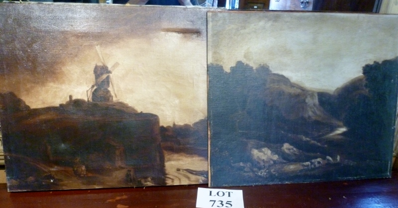 Two unframed oil studies of country landscape scenes with sheep and a windmill (one a/f) est: