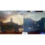 Two unframed oil studies of country landscape scenes with sheep and a windmill (one a/f) est: