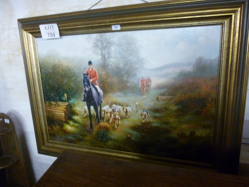 A framed 20c oil on canvas study of huntsman and hounds in a country landscape est: £40-£60